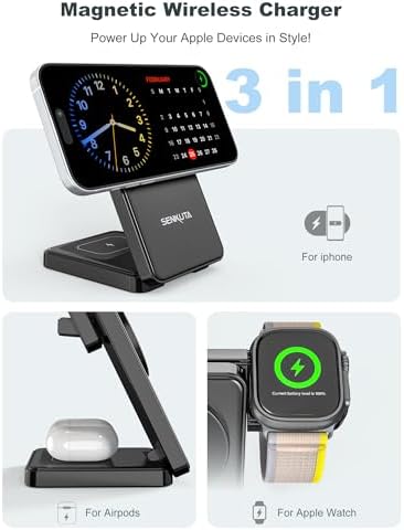 3-in-1 Magnetic Wireless Charging Station for Apple Devices – Fast Travel Charger for i Phone 12-16, Apple Watch Ultra 5/4/3, and Air Pods Pro/3/2 – Compact & Foldable Design for Efficient, Safe Charging with 18 W Adapter – Perfect for Home, Office, or Travel – Enhanced Compatibility and User-Friendly Features