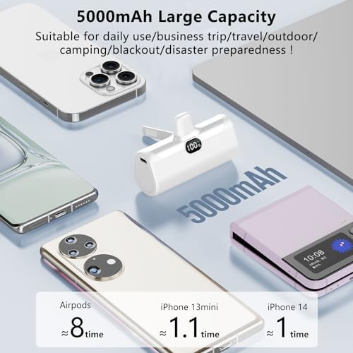 LUCKYDUO Ultra-Compact 5000 m Ah Portable Power Bank with Built-In Phone Holder & LED Light for i Phone – Essential Travel Charger with LCD Battery Indicator, Compatible with i Phone 14/13/12/11/XR/SE/8/7 Pro Max – Stay Charged Anywhere