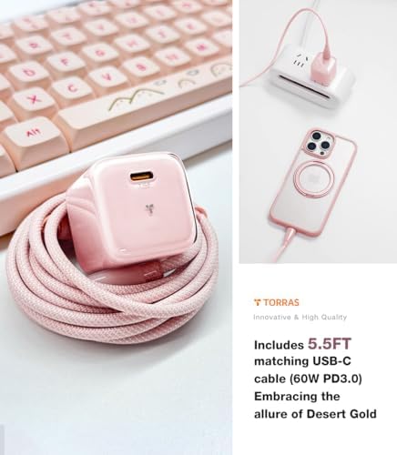 Ultra-Fast TORRAS Icenano 30 W USB-C Charger Block – PD 3.0 Compatible Wall Adapter with 5.5 ft Cable, Stylish Crystal Pink Design, Low-Temperature Operation for Safe Charging of i Phone 16/15 & Mag Safe – Perfect for Travel and Home Use