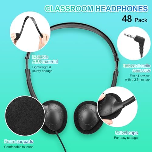 Ultimate Classroom Audio Solution: Frienda 48-Pack Over-Ear Headphones for Students and Adults – Wired Stereo Headset with Universal 3.5 mm Jack – Perfect for Schools, Libraries, and Travel – Noise-Isolating Design for Maximum Concentration and Comfort – Lightweight, Durable, Ideal for Long Listening Sessions