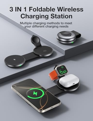 Ultimate 3-in-1 Wireless Charging Station for Apple Devices – Fast Mag Safe Compatible Foldable Charger for i Phone, Apple Watch & Air Pods, Perfect for Travel and Home Use, Sleek Design with Anti-Slip Base and LED Indicator, Simultaneous Multi-Device Charging Solution