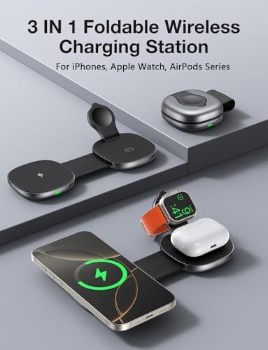 Ultimate 3-in-1 Wireless Charging Station for Apple Devices – Fast Mag Safe Compatible Foldable Charger for i Phone, Apple Watch & Air Pods, Perfect for Travel and Home Use, Sleek Design with Anti-Slip Base and LED Indicator, Simultaneous Multi-Device Charging Solution