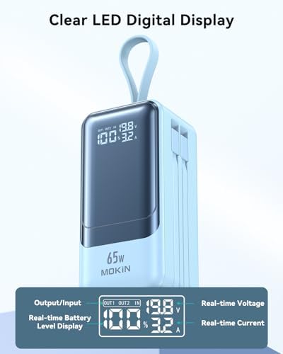 Ultra-Fast 65 W Portable Laptop Charger – 18400 m Ah Power Bank with Smart Display, Dual Built-in Cables, 4 Output Ports, Travel-Friendly Design for Mac Book, i Phone 15/14/13, i Pad, Samsung – Compact Power Solution for On-the-Go Charging
