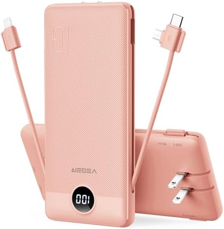 VEGER Ultra-Slim 10,000 m Ah Portable Charger with Built-in Cables and Integrated Wall Plug – Fast Charging Power Bank for i Phone, i Pad, Samsung, and More – Essential Travel Battery Pack for On-the-Go Charging and Enhanced Device Compatibility