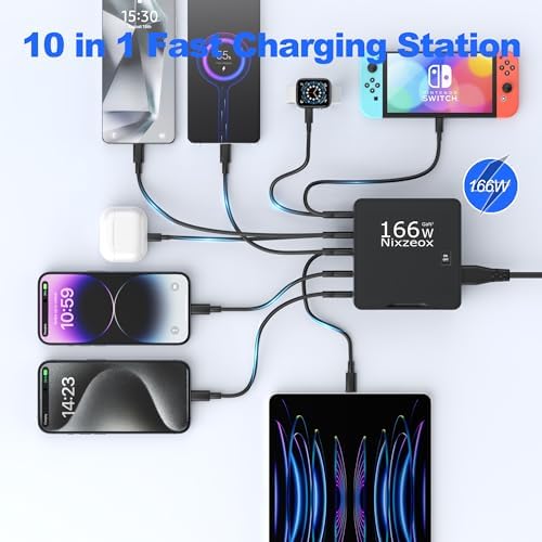 High-Speed 10-Port USB C Charging Station – 166 W Ga N Wall Charger with PD 20 W & QC 18 W for i Phone 15/14/13/12/11, i Pad, Samsung, Pixel 5 – Compact White-Silver Design for Universal Device Charging Convenience