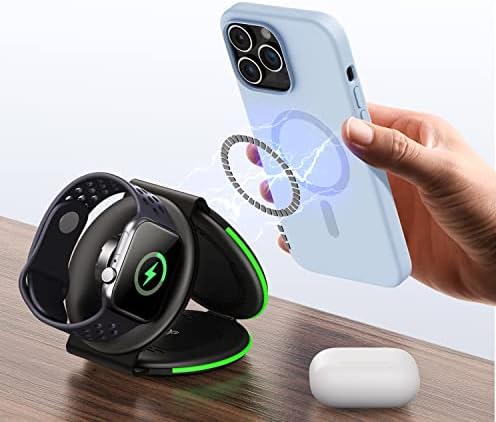 GUSGU 3-in-1 Wireless Charging Station – Mag Safe Compatible Fast Charger for i Phone 14/13/13 Pro Max, Apple Watch & Air Pods – Ultimate Travel Dock with Storage Bag & Adapter Included – Streamlined Design for Efficient, Tangle-Free Charging