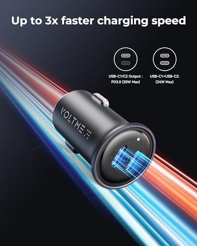 VOLTME 30 W USB C PD 3.0 Car Charger – Fast Charging Dual Port Adapter for i Phone 14/13/12/11 Pro Max, Samsung Galaxy S23/S22/S21, and More – Sleek Navy Blue Design for Universal Compatibility and Efficient Power Delivery on the Go