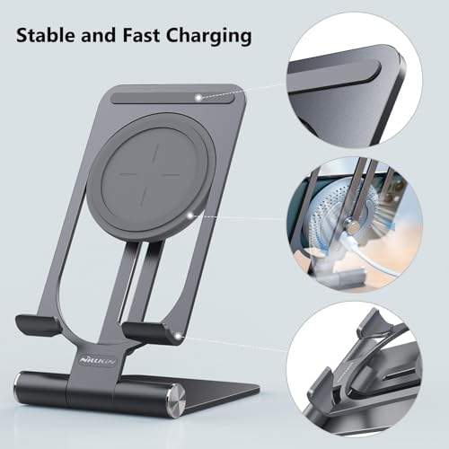 Nillkin Adjustable Metal Wireless Charging Stand – Fast Charge for i Phone 16 15 14 13 12 & Samsung Galaxy S25 S24 S23 S22 S21 Ultra/Plus – Versatile Space Grey Design for Enhanced Functionality and Safety