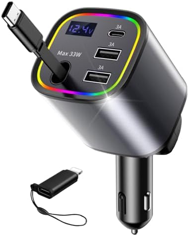 Ultimate AGEMANY 4-in-1 Retractable Car Charger: 78 W Fast Charging USB C Adapter for i Phone 16/15/14/13/12 & Android Devices, Stylish Cigarette Lighter Accessory with RGB Illumination – Perfect Gift for Tech-Savvy Drivers