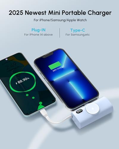 Compact Blue Power Bank for i Phone – 5000 m Ah Fast Charging Mini External Battery with USB Type C Cable – Sleek, Lightweight Design for i Phone 14/13/12/15 Pro Max and More – Essential Travel Charger for On-the-Go Power Solutions