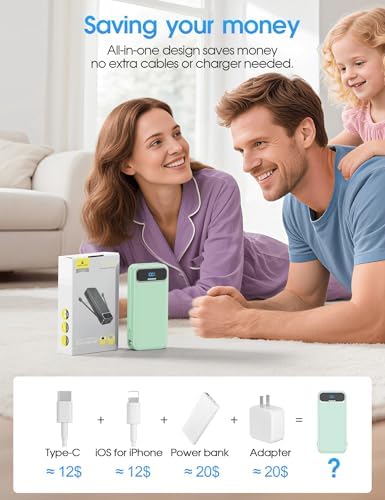 Ultra-Compact 12000 m Ah Power Bank with Built-in Charging Cables & AC Plug – 20 W PD Fast Charging for i Phone, Samsung, Android, USB-C Devices – Travel-Friendly External Battery Pack in Purple – Unmatched Portability and Efficiency for On-the-Go Charging Solutions