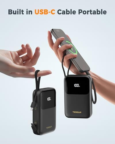 TESSAN 10000 m Ah Fast Charging Portable Power Bank with Built-in USB-C Cable – Compact Battery Pack for i Phone 16/15, Samsung & Tablets – Ultimate Travel Companion with Universal Compatibility & Rapid Recharge Technology