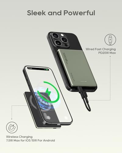 Ultra-Slim Kuulaa Mag Safe Battery Pack – 5,000 m Ah Power Bank for i Phone 15/14/13/12 Series – Magnetic Wireless Charger with PD 20 W Two-Way USB-C Fast Charging – Lightweight Grey Portable Power Solution for On-the-Go Charging