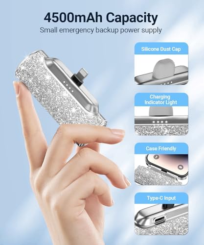 Sleek Shiny Pink Mini Power Bank with Built-in Lightning Connector – 4500 m Ah Compact Charger for i Phone 14/13/12/11/XR/8/SE Series – Stylish Glitter Battery Pack for Effortless On-the-Go Charging and Enhanced Compatibility