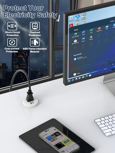 Recessed Desktop Power Grommet with PD 20 W Fast Charging USB-C and QC3.0 USB-A Ports – ETL Certified 2-Inch Outlet for Office, Home, Nightstand, and Kitchen with 6 ft Extension Cord (Black) – Streamlined Charging Solution to Minimize Clutter and Maximize Efficiency