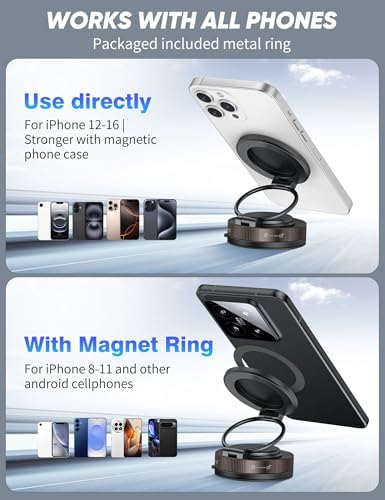 Magnetic Suction Cup Car Phone Holder by i Mangoo – 360° Rotatable Smartphone Mount for Universal Compatibility – Enhanced Stability for Safe Navigation and Hands-Free Convenience – Ideal for Mag Safe Devices