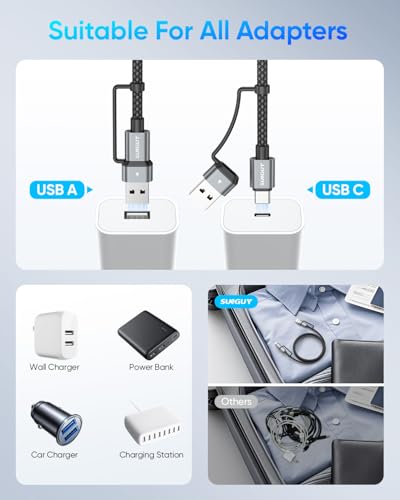 Versatile SUNGUY 4 in 1 Charging Cable – 3 FT Dual Pack with 60 W High-Speed Multi-Device Charging for USB-C, USB-A, and Lightning Compatible Devices Including i Phone 16/15/14 Pro, i Pad, Mac Book, and Samsung Galaxy S25/S24 – Durable, Efficient, and Perfect for Home or On-the-Go Use