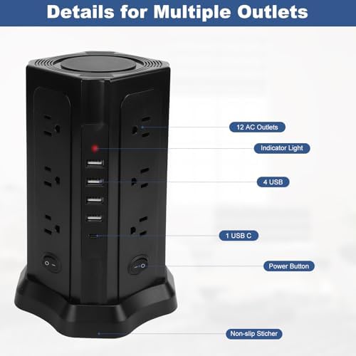 Revolutionize Your Charging Setup with the 16.5 FT Power Strip Tower – 12 AC Outlets & 5 USB Ports (1 USB-C) Surge Protector for Home, Kitchen, Dorm, & Office – Space-Saving Design with Enhanced Overload Protection for Maximum Device Compatibility and Rapid Charging Efficiency