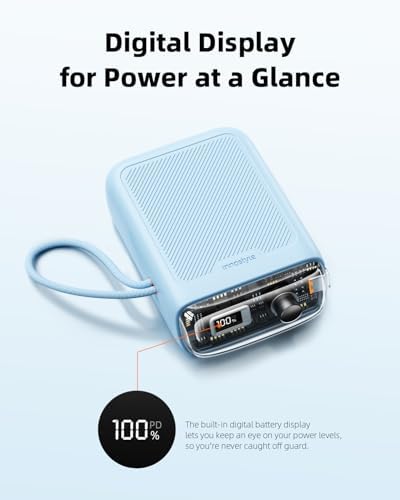 Compact 30 W Retractable USB-C Power Bank with Fast Charging – Sleek Dual Charging Battery Pack for i Phone 15, Android Devices & Laptops – Integrated 60 cm Cable & LCD Display for Ultimate On-the-Go Power Solutions