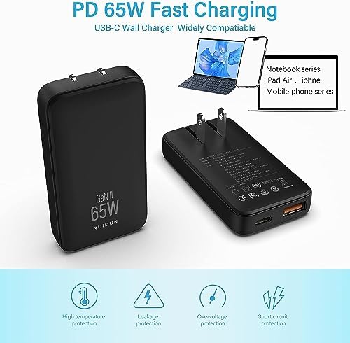Experience Unmatched Charging Efficiency with the 65 W Ga N Dual-Port USB-C Charger – Foldable Travel Adapter with PD3.0 & PPS Technology, Ideal for Mac Book, i Pad Pro, i Phone, Galaxy S22 & More – Includes 3.28 ft 100 W Cable in Sleek Black for Ultimate Compatibility and Speed Optimization.