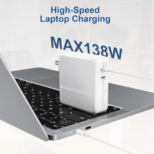 High-Efficiency 138 W USB-C Charger for Mac Book Pro & Air – Dual-Port Charging Solution with 2 Durable Cables for Maximum Versatility, Rapid 1.5-Hour Full Charge for Laptops & 20 Min to 80% for Smartphones, Superior Overheat Protection & Compatibility with All USB-C Devices, Ideal for Mobile Professionals and Remote Workers
