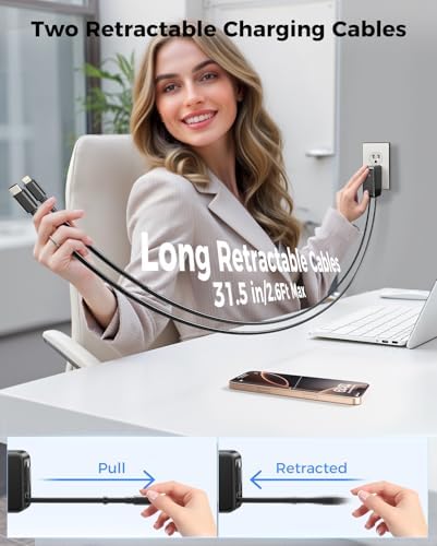 Revolutionary 62 W Retractable Wall Charger with Dual Cables – All-in-One 3-Port USB Power Hub for i Phone 16/15/14/13/12/11, Samsung, LG, Tablets – Ultimate Travel Companion with Fast Charging Innovation and Compact Design
