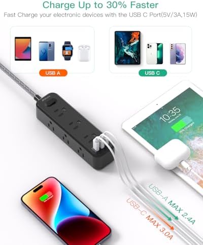 10 ft Power Strip with Surge Protection – 9 Outlets and 3 USB Ports for Fast Charging – Versatile Extension Cord for Home, Office, and Dorm Room – Safe and Efficient Multi-Device Management – Durable and Compact Design for Everyday Use