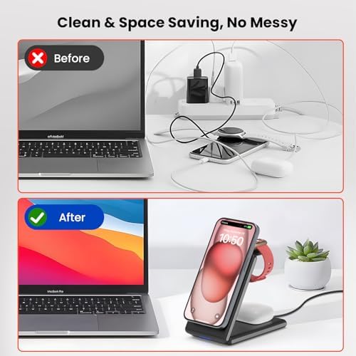 GEEKERA 3-in-1 Foldable Magnetic Wireless Charging Station – Ultimate Charging Hub for Fitbit Watches, i Phone 16/15/14/13/12 Pro Max & Air Pods – Portable Design with Rapid Charging & Magnetic Alignment for Effortless Device Management