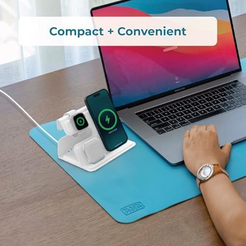 BLACK+DECKER 3-in-1 Wireless Charging Station for Apple Devices – Foldable Travel Charger Compatible with i Phone 16/15/14/13 Pro Max, Apple Watch, and Air Pods – Fast Charging, Enhanced Compatibility, Ideal for On-the-Go Users