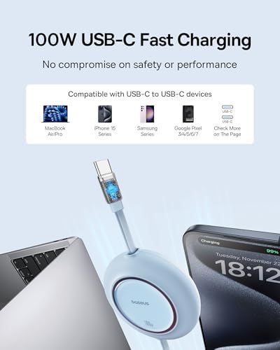 Baseus 100 W Retractable USB-C to USB-C Charging Cable – Versatile 6.6 ft Length with 7 Adjustable Stages for High-Speed Charging of i Phone 16/15 Pro Plus, Mac Book, i Pad Pro, Samsung S24/S23+ – Durable, Tangle-Free Solution for Home and Travel Charging Needs
