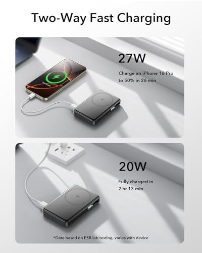 ESR Mag Safe 10,000 m Ah Portable Charger with Kickstand – Qi2 Certified 15 W Fast Charging Power Bank for i Phone 16/15/14/13/12 – Sleek Black Design with LED Display & 27 W USB-C Output for Effortless Charging On-the-Go