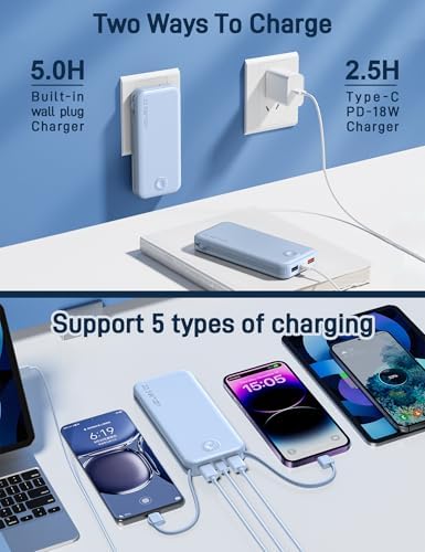 Ultra-Fast Charging Portable Power Bank with Built-In Cable and AC Plug – 12,000 m Ah USB C Travel Charger for i Phone and Android Devices – Lightweight, Compact Design for On-the-Go Power Solutions