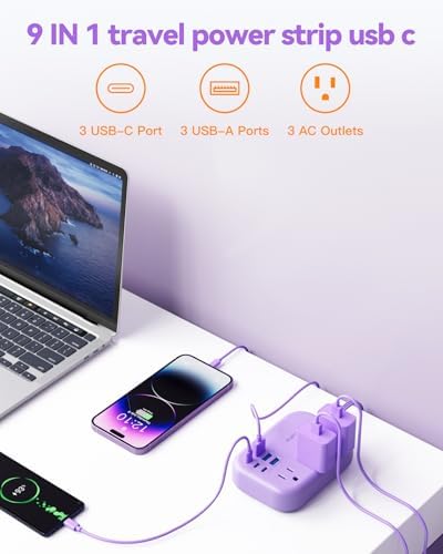 Compact 6-Port USB Power Strip with 3 AC Outlets and 6 USB Charging Ports for Ultimate Travel Convenience – 24 W/4.8 A Power Delivery, 3 FT Extension Cord, Slim Flat Plug Ideal for Cruise Ships, Offices, Dorms, and i Phone 15 Compatibility – Essential Multi-Port Charger for Efficient Device Charging
