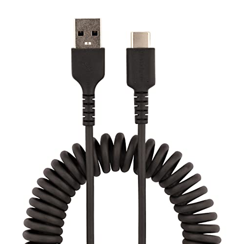 Durable 20-Inch Coiled USB A to C Charging Cable – Heavy-Duty USB 2.0 Fast Charge & Sync Cable, Sleek Black Design for Enhanced Portability and Compatibility with All Devices