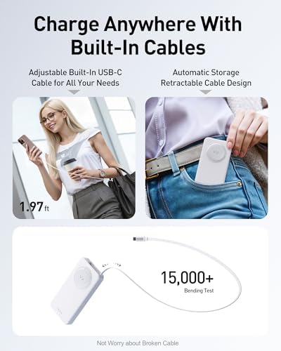 Ultra-Slim 10,000 m Ah Power Bank with 30 W PD Fast Charging & Integrated Retractable USB-C Cable – Perfect for i Phone 16/15, Samsung Galaxy 25/24, Google Pixel, and Mac Book Air – Effortless Portability Meets Stylish Efficiency in Sleek White Design for On-the-Go Charging