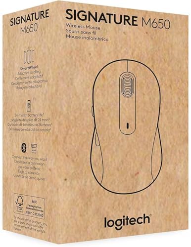 Logitech Signature M650 L Wireless Mouse for Large Hands – Ergonomic Comfort, 2-Year Battery Life, Silent Click Technology, Customizable Functions, Bluetooth Compatible with PC/Mac/Chromebook – Elegant Off White Finish for Professional & Casual Use