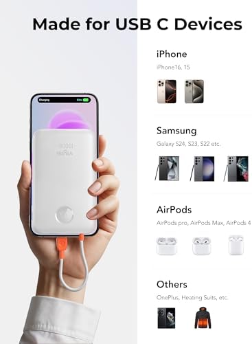 Slim Pink Portable Charger 10000 m Ah – USB-C Power Bank with Built-in Cable & LED Display for Fast Charging – Travel-Friendly Battery Pack Compatible with i Phone 16, 15, Samsung S24, S23 – Ultimate Convenience & Style