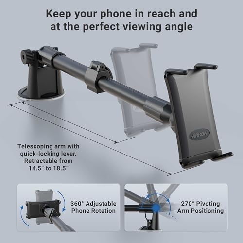 Ultimate ARKON Car Phone Mount – Universal Windshield Holder with Secure Spring Grip for Smartphones Up to 7.25″ – Perfect for i Phone, Samsung, Google, Huawei, and Nokia – 360-Degree Rotation for Enhanced Navigation and Hands-Free Calls – Easy Installation for Every Driver – Durable Design for Long-Lasting Performance