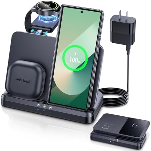 Elevate Your Charging Experience with the LK 3-in-1 Wireless Charger – Fast Charging Station for Samsung Galaxy Devices, Compatible with Galaxy Watch Ultra/7/6/5 Pro, S24 Ultra/S23/S22/S21, Z Fold/Flip 6/5/4/3, and Galaxy Buds (Black) – Compact Design with Enhanced Safety Features and LED Indicators for Seamless Power Management