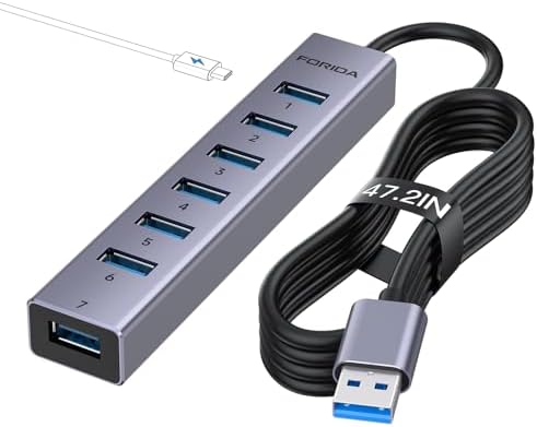 Elevate Your Connectivity Game with the FORIDA 8-Port USB 3.0 Hub – Ultimate USB Splitter Featuring 7 High-Speed Data Ports, USB-C Power Delivery, and a 47-Inch Versatile Cable for Laptops and PCs – Perfect for Seamless Device Integration and Enhanced Productivity