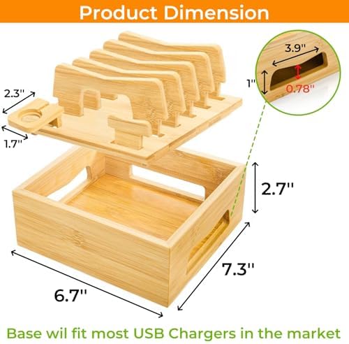 Eco-Friendly Bamboo Multi-Device Charging Station – Versatile Desktop Dock for Smartphones, Tablets, and Smartwatches with Customizable Dividers and Fast Charging Ports for Efficient Cable Management and Stylish Organization