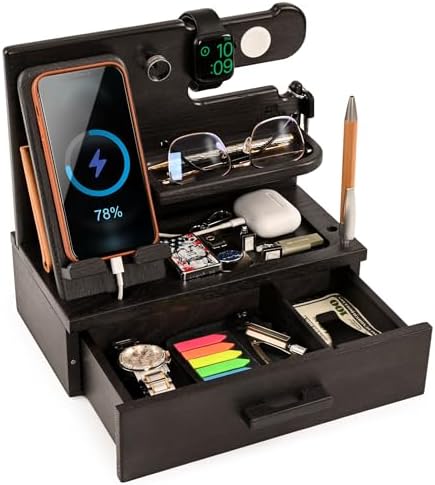 TESLYAR Wood Phone Docking Station with Drawer – Nightstand Organizer – Desk Organizer for Husband – Birthday Gifts for Men, Dad, Anniversary Idea, Key Holder Stand Watch & Accessories (Bourbon Brown) – Enhanced Compatibility and Speed