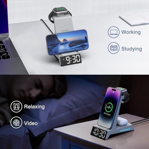 Revolutionize Your Charging Routine with the 4-in-1 Wireless Charging Station Featuring Alarm Clock – Ideal Dock for i Phone 16, 15, 14, 13, 12, 11, X, 8, Air Pods 3/Pro & Apple Watch Series 9-2 – Ultimate Speed & Compatibility for Modern Devices