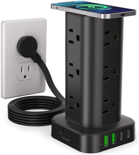 Ultimate Power Strip Tower with 15 W Wireless Charger and 10 FT Extension Cord – 12 AC Outlets & 4 USB Ports (2 USB-C) – Space-Saving Surge Protector for Home, Office, and Dorm Use – Advanced Compatibility for All Devices