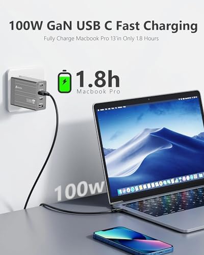 Acacou 100 W 4-Port USB-C Fast Charger – Ga N Technology for Ultimate Device Compatibility in Dark Bronze – Rapid Charging for Mac Book Pro/Air, Google Pixelbook, Dell XPS, i Pad Pro, Galaxy S23/S22, i Phone 15/14/Pro – Compact, Efficient Power Solution for Home and Office