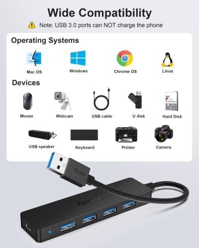 Ultra-Slim 4-Port USB 3.0 Hub with 2 ft Extended Cable – High-Speed Data Transfer for Mac Books, PCs, and More – Compact USB Expander for Enhanced Connectivity, Ideal for On-the-Go Professionals and Home Offices