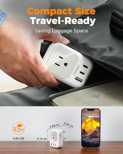 TESSAN Universal European Travel Power Adapter – 3 High-Speed USB Ports (2 USB-C) & 4 AC Outlets for Seamless Device Charging Across France, Germany, Spain, Greece & More – Compact Multi-Port Solution for Global Travelers – Ultimate Type E/F Plug Converter for Efficient Connectivity