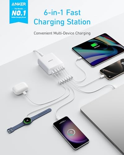 Anker 112 W Max 6-Port Fast Charging Station – Versatile Desktop USB-C Charger for i Phone, i Pad, Mac Book, Samsung & More – Multi-Device Power Hub with Built-in Safety Features for Home, Office & Travel – Custom Charging Experience (Cables Not Included)
