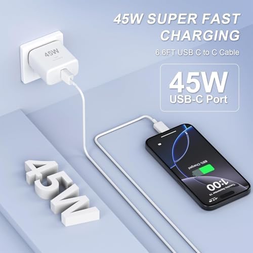 High-Efficiency 45 W USB-C Charger for i Phone 16 Pro Max – Rapid Charging Block with 6.6 FT Type C Cable, Universal Compatibility with i Pad and Galaxy Devices, Sleek Portable Design for On-the-Go Power Solutions