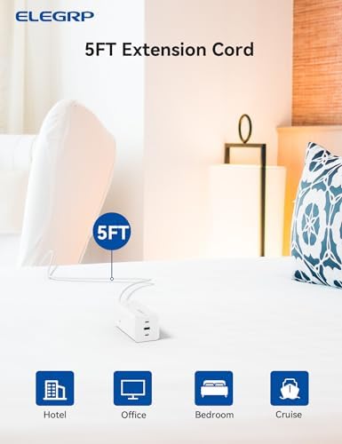 ELEGRP Surge Protector Power Strip with 3 AC Outlets & 3 USB Ports – 65 W Fast Charging USB-C Extension Cord, 5 FT Versatile Charging Station for Home and Office, Compact Design for Safe Device Protection